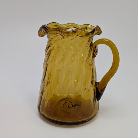 Amber Glass Pitcher Swirled Design Ruffled Rim Vintage - Picture 1 of 13